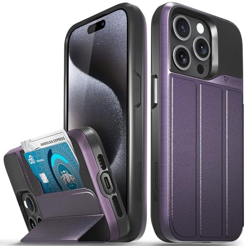 VENA vCommute for iPhone 15 Pro Wallet Case, [Military Grade Drop Protection] Flip Leather Cover Card Slot Holder with Kickstand - Purple