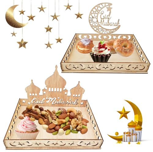 ARONRAVE Ramadan Teller Eid Mubarak Tablett, 2 Stück Ramadan Tablett Holz Ramadan Holz Tablett Mond Stern Serviertablett für Islam Party Eid Tische Ramadans Tischdekoration