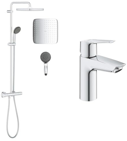 GROHE Vitalio Start 250 Cube - Duschsystem mit Thermostatbatterie (wassersparend & QUICKFIX Start - Einhand- Waschtischarmatur (wassersparend
