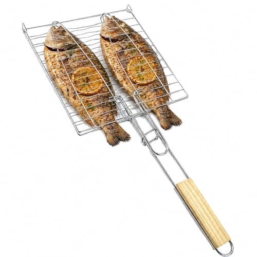 Bayli Fischbräter mit Holzgriff 23,5 x 23,5 cm – Fischkorb Grillkorb Fischhalter für Forelle, Lachs und Garnelen – Grillzange mit Klammer für BBQ, Gasgrill, Holzkohlegrill & Camping