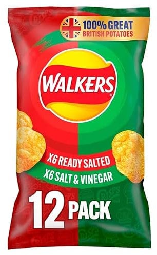 Walkers Ready Salted & Salt & Vinegar Multipack Crisps 12x25g | 100% Great British Potatoes | We use sustainably sourced British potatoes | 100% Quality ingredients