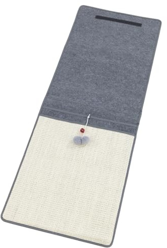 Maximex Kratzmatte, spielerisches Wetzen der Katzenkrallen, Kratzunterlage für Couchlehne, mit Spielbällen, Glocke, 3 Staufächer & Klettstreifen, 128x45 cm