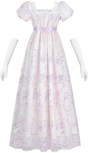 Fiamll Robe Regency pour Femme - Costume Empire Taille Haute, Robe de Fête de Thé Victorienne avec Broderie, Gants Inclus - Violet L