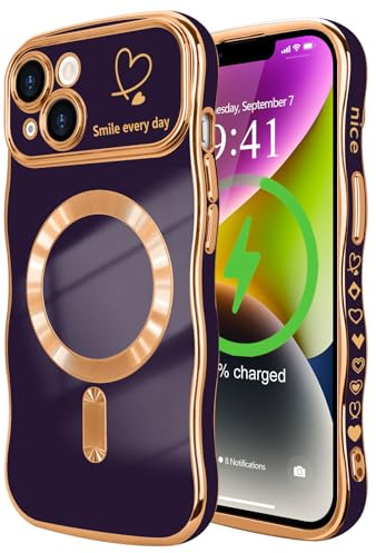 LCHULLE for iPhone 14 Case Wavy, Compatible with MagSafe, Dark Purple | Magnetic Phone Cover,Wave Curly Frame with Heart Pattern,Cute for Women Girls,Camera Protection,Shockproof Silicone TPU Back