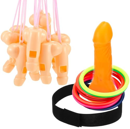 Cindeer Jeu Anneaux de Pénis Inclus 1 Pénis Lancer des Anneaux Tête 12 Anneaux à Lancer en Forme de Pénis 12 Pipes de Fête pour Pénis Sifflet de Pénis Drôle Blagues JGA pour Femmes Hommes Cadeaux