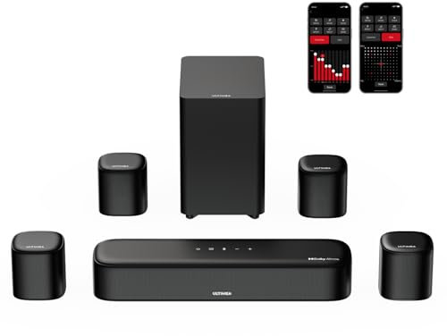 ULTIMEA 7.1ch Soundbar mit Dolby Atmos, 3D Surround Sound System für Heimkino mit 4 Surround Lautsprechern, App, Home Theater Soundsystem, TV Soundbar mit Subwoofer, HDMI eARC, Bluetooth 5.3, Aura A60
