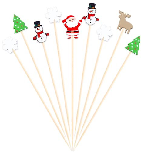 DazzJoy 100 Stück Holz Cocktailspieße Weihnachten,12cm Cocktail Sticks,Weihnachten Zahnstocher Holz,Partyspieße Obstspieße Holzspieße Burger Spieße für Party,Weihnachten Cocktail Deko