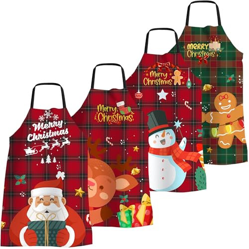 4 Delantales de Navidad Divertidos Delantales de Cocina para Mujeres Hombres Delantales de Cocina Ajustable Delantal Impermeable para Cocina Hornear Barbacoa Fiesta de Navidad Cuadro