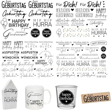 FloraVigo Rub On Sticker ca.A5 19x14cm-Spruch Deko zum Geburtstag, Keraflott, Hochzeit, Zuhause, Wischfolie für Möbel, Glas, Holz, Fotoalbum, DIY Deko, Aufkleberästhetik(4PCS) (Geburtstagszug)