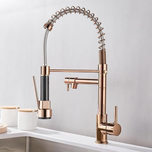 Kitchen Mixer Tap with Pull Out Spray Brass Hot and Cold Dual Outlet 360° Rotation Kitchen Faucet Pull Down Rose Gold Mixer Tap for Kitchen Sink