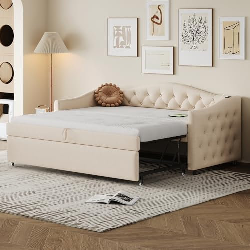 Polsterbett Ausziehbares Schlafsofa, 90 * 200 cm, Mit USB-Anschluss, Klassische Form mit Knöpfen mit Lattenrost, Multifunktionsbett - Gästebett, Leinenstoff, Beige (Matratze Nicht enthalten)