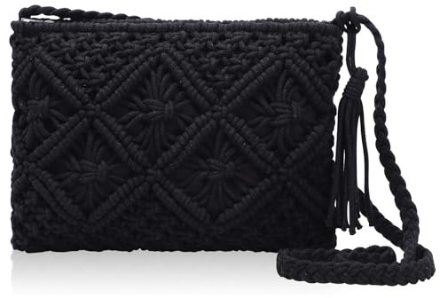 Risipu Women Straw Messenger Bag Zipper Handbag Simple Small Beach Shoulder Bag Handmade Clutch Bags Crossbody Bags (Black)