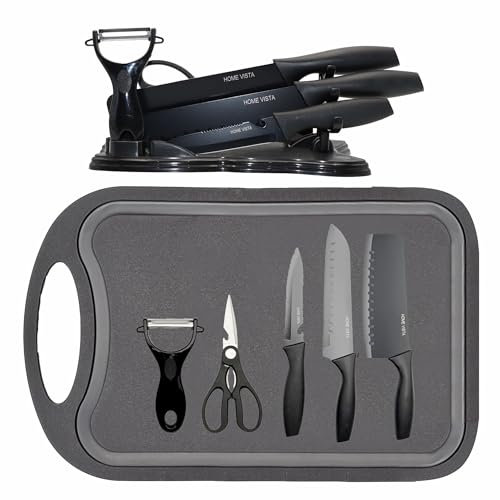 Home Vista 7-Piece Kitchen Knife and Thin Plastic Chopping Board Set for Travel – Chef, Carving, Utility & Fruit Knives + Scissors & Peeler | Stainless Steel Knife Set + Large Meat Cutting Board