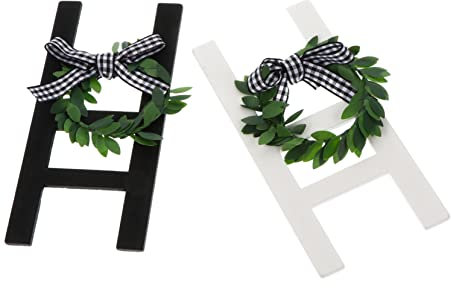 KAILIKETIY 2 Pcs Farmhouse Ladder Decor Wreath Wood Frame Rustic Wall Decoration for Photo Prop and Home Display, White and Black Ladder Tiered Tray Ornament for Country Style Interiors