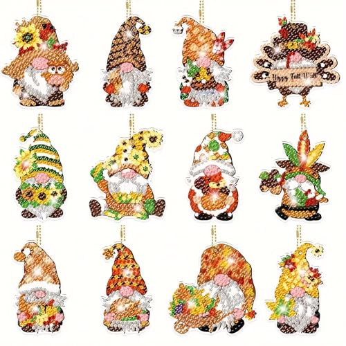 12 Stück Herbstdeko Diamond Painting Schlüsselanhänger, 5D Herbst Wichtel Diamond Painting Hängedeko Herbst, DIY Diamond Painting Anhänger Kit Erntedankfest Ernte Halloween deko Geschenk