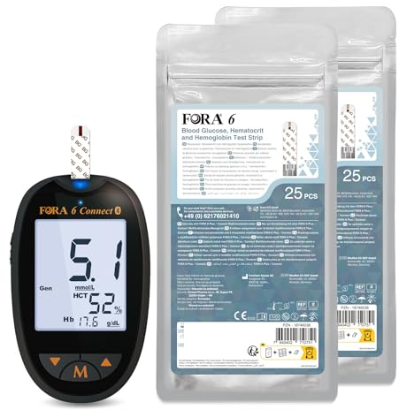 FORA 6 Connect mmol/L 3-in-1 Messgerät mit 50 Teststreifen für Blutzucker+ 60 Lanzetten | Bluetooth & App-Synchronisation | Ideal bei Anämie & Blutzucker-Kontrolle