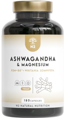 Ashwagandha KSM-66 + Magnésium. 7500 mg Extrait, 180 Gélules. Withanolides, Alcaloïdes, Flavonoïdes, Adaptogène Complet pour Sommeil, Humeur, Vitalité. N2 Natural Nutrition