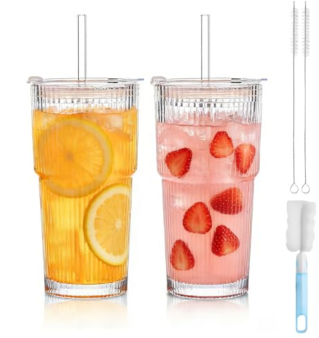 ALKNOT Set di 2 bicchieri in vetro ondulato da 600 ml con coperchio e cannuccia, bicchieri in vetro di alta qualità, ermetici e resistenti all'acqua, ideali per il caffè