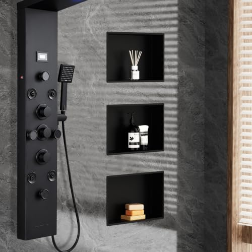 KEOKBON 25 x 40 cm, doccia a parete in acciaio inox, nero | Resistente alla ruggine, impermeabile, facile da pulire, non richiede piastrelle, diverse dimensioni, per riporre il bagno