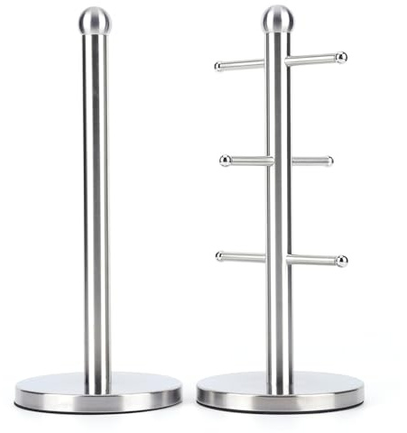 AZURAOKEY Stainless Steel Mug Tree and Paper Towel Holder Combo, 6 Cup Mug Holder Stand with Sturdy Anti-Scratch Base, Free Standing Kitchen Organizer for Countertop Home Kitchen Cafe