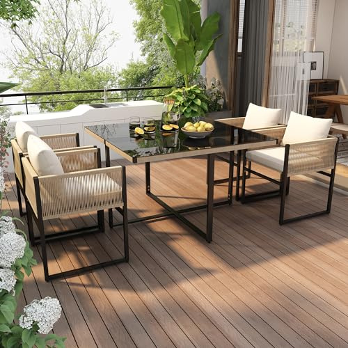 Ktipm 4 Seater Garden Table and Chairs, Garden Table and Chairs Set 5 with Dining Table and Comfortable Cushion, Outdoor Furniture Patio Furniture Set with Metal Frame, Beige+Black