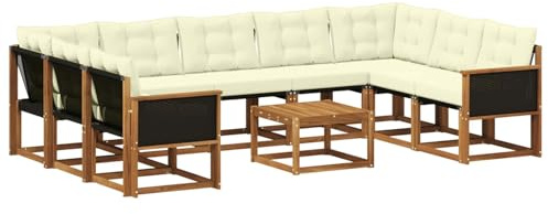 vidaXL Outdoor-Sofagarnitur mit Kissen 10 pcs Natur und Creme, Moderne Gartenmöbel, Akazienholz-Sofa, Textilene-Rücken, strapazierfähige Sitzmöbel, Bequeme Liegeplätze