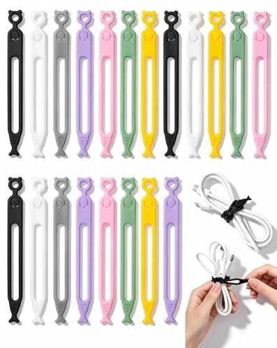 20 Pack Cable Ties Silicone Reusable Cable Straps for Desk | Elastic Cord Organiser for Phone Chargers, Data Cables, Computer Wires, Desk and Travel Cable Management