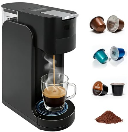 4-in-1 Kapsel Kaffeemaschine, Kompatibel mit Nespresso/DG/K-Cup & Gemahlenem Kaffee, 1450W, 20 Bar Espresso Maschine mit Einstellbarer Kaffeestärke, Für Heiß- und Kaltgetränke