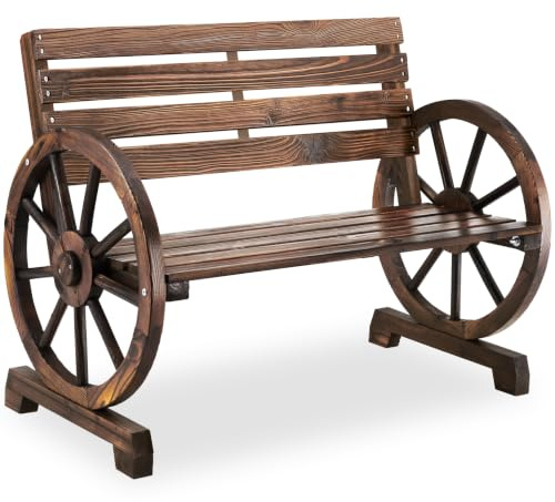 tectake® Gartenbank, 106 x 55 x 78 cm, geflammtes Massivholz | Belastbarkeit 320 kg, wetterfest, Wagenraddesign, hohe Rückenlehne, 2-Sitzer, Gartenholzbank, braun