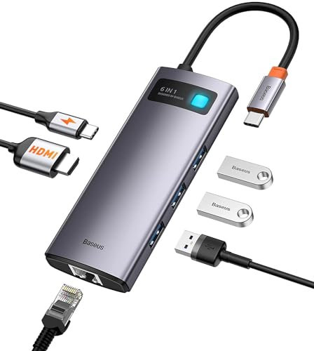 Baseus Metal Gleam 6 in 1, Multifunktions-PC/Phone Hub Adapter, Grau, Anzahl Anschlüsse: 6, Eingang: USB Type C, Ausgang: USB Type A 3.0 X 3, USB Type C (PD), Reisegröße