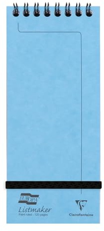 Clairefontaine 482/1115Z - One Listmaker Europa Turquoise Spiral Header Shopping Pad - 7.6x18 cm - 120 Lined Pages - 90 g White Paper - Glossy Card Cover