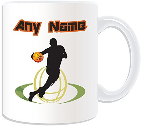 Personalised Gift - Basketball Mug (Sport Outline Design Theme, White) - Any Name/Message on Your Unique Mug - NBA backboard slam dunk