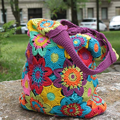 Häkelpackung/Strickpackung - Tasche mit Baumwolle und Häkelanleitung -Häkelpaket Blütentasche- Strickset/Häkelset mit Anleitung und Wolle + GRATIS Myoma-Label - Strickpackung Tasche
