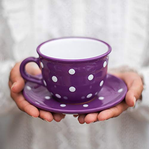City to Cottage Purple and White | Polka Dot Spotty | Designer Handmade Hand Painted | Large Unique Ceramic 12oz/350ml | Cappuccino Coffee Tea Cup with Saucer | Gift