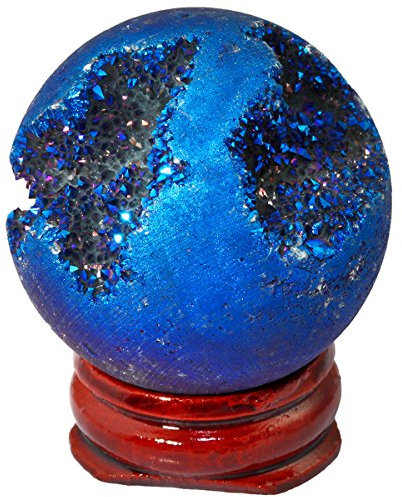 mookaitedecor 40x40 mm Titanium Coated Quarz Geode Achat Stein Kristallkugel mit Holzständer, Edelstein Druse Wahrsagerkugel für Feng Shui Meditation Dekoration Spirituelle Geschenk, Blau