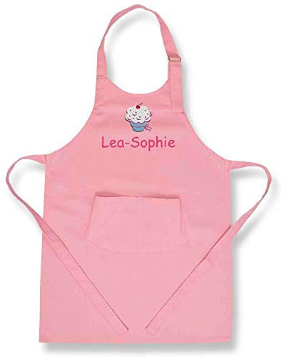 Kinder Schürze 60x44 cm Muffin bestickt mit Name Kinderschürze Kochschürze Basteln Kochen Werken Schule Garten Malschürze Cupcake rosa rot hellblau dunkelblau grün weiß schwarz , Farbe:rosa