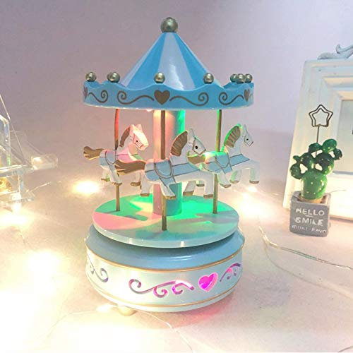 IBLUELOVER Karussell Hölzernes Vintage Spieluhr 4 Pferd Rotierende Musikbox mit bunter Beleuchtung Spieluhrenwelt LED Leuchtend Spielzeug Dekoration Weihnachten Geschenk für Mädchen Kinder