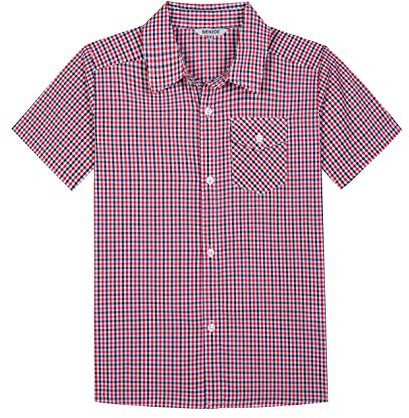 Bienzoe Garçon Coton Plaid Bouton Bas Manche Courte Chemise Rouge 5/6