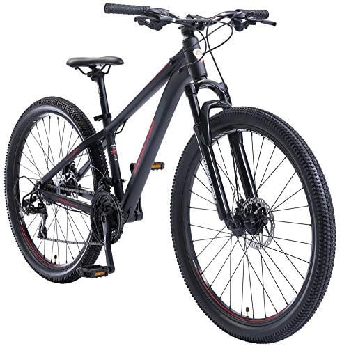 BIKESTAR Hardtail Aluminium Mountainbike Shimano 21 Gang Schaltung, Scheibenbremse 27.5 Zoll Reifen | 14 Zoll Rahmen Alu MTB | Schwarz Rot