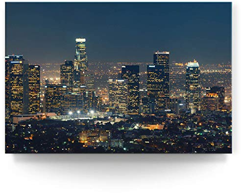 BilderKing Wandbild Skyline Los Angeles Nachts - 120cm x 80cm Leinwand auf Fertigrahmen + Aufhänger
