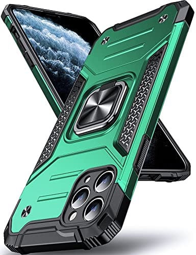 DASFOND Designed for iPhone 11 Pro Case, Military Grade Shockproof Protective Phone Case Cover with Enhanced Metal Ring Kickstand [Support Magnet Mount] for iPhone 11 Pro 5.8 inch, Dark Green