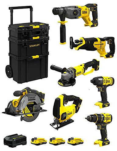 STANLEY FatMax Kit SVK704 (SFMCH900 + SFMCG400 + SFMCD720 + SFMCF800 + SFMCS500 + SFMCS600 + SFMCS300 + 3 Batterien 2,0 Ah + Ladegerät + Caddy 3in1)