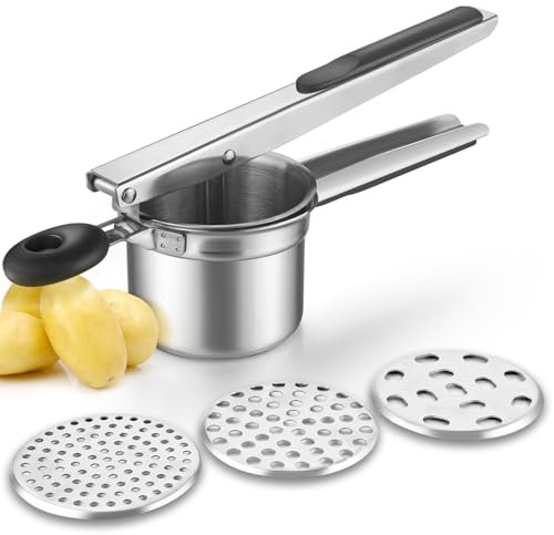 WILLIZTER Potato Ricer, Stainless Steel Potato Ricer Fruit and Vegetables Masher Food Ricer Large Capacity with 3 Interchangeable Discs & Inner Cup