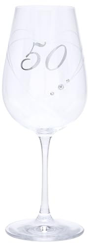 Copa de vino de 50.º cumpleaños con corazón grabado y detalles de diamantes, 550 ml, en caja de regalo