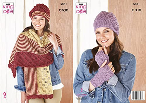 King Cole 5831 Knitting Pattern Womens Hat Wrap Beret Hand Warmers in Forest Recycled Aran