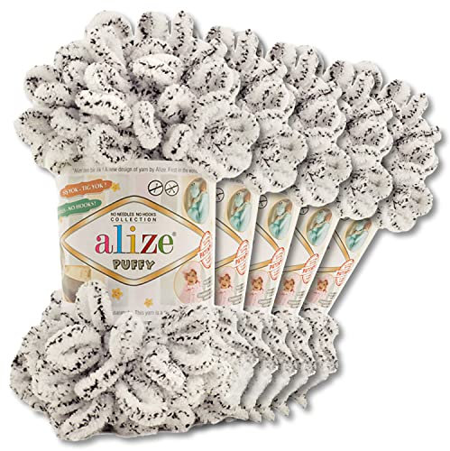Alize 5 x 100 g Puffy Wolle Chenille Schlaufenwolle Häkeln und Stricken ohne Hilfsmittel Kleidung Accesoire Decken Teppiche (686 | Schneeleopard)