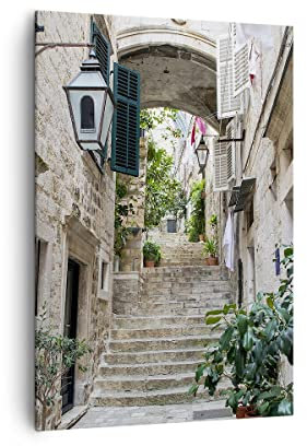 Bilder auf Leinwand 70x100cm Leinwandbild mit Rahmen Kroatien Treppe Dubrovnik Groß Wanddeko Bild Schlafzimmer Küche Deko Wandbilder Dekoration Wohnzimmer Wall Canvas Wand Kunstdruck Art PA70x100-5150