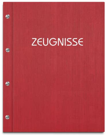 Zeugnismappe im roten Einband in Leinenoptik mit Prägedruck in verschiedenen Farben – handgefertigte Mappe inkl. 12 Sichthüllen