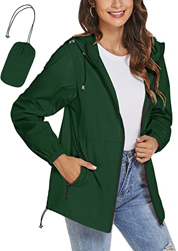 iWoo Dünne Regenjacke Damen Leichte Wasserdicht Atmungsaktiv Übergangsjacke Faltbar Sport Outdoorjacke Zip Hoodie Regenmantel Dunkelgrün M