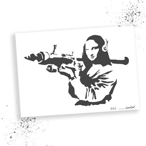 LaserCad Schablonen BANKSY Streetart (B043, Mona Lisa Bazooka, DIN A5) Stencil für Graffiti, Airbrush, Kunst, Deko, zum Malen